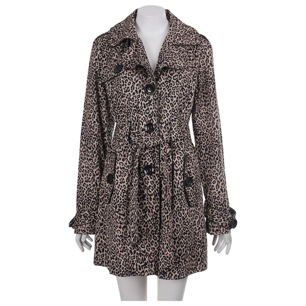 Charlotte Russe Trench Coat L Tan Brown Leopard Animal Print Belted Lined Jacket